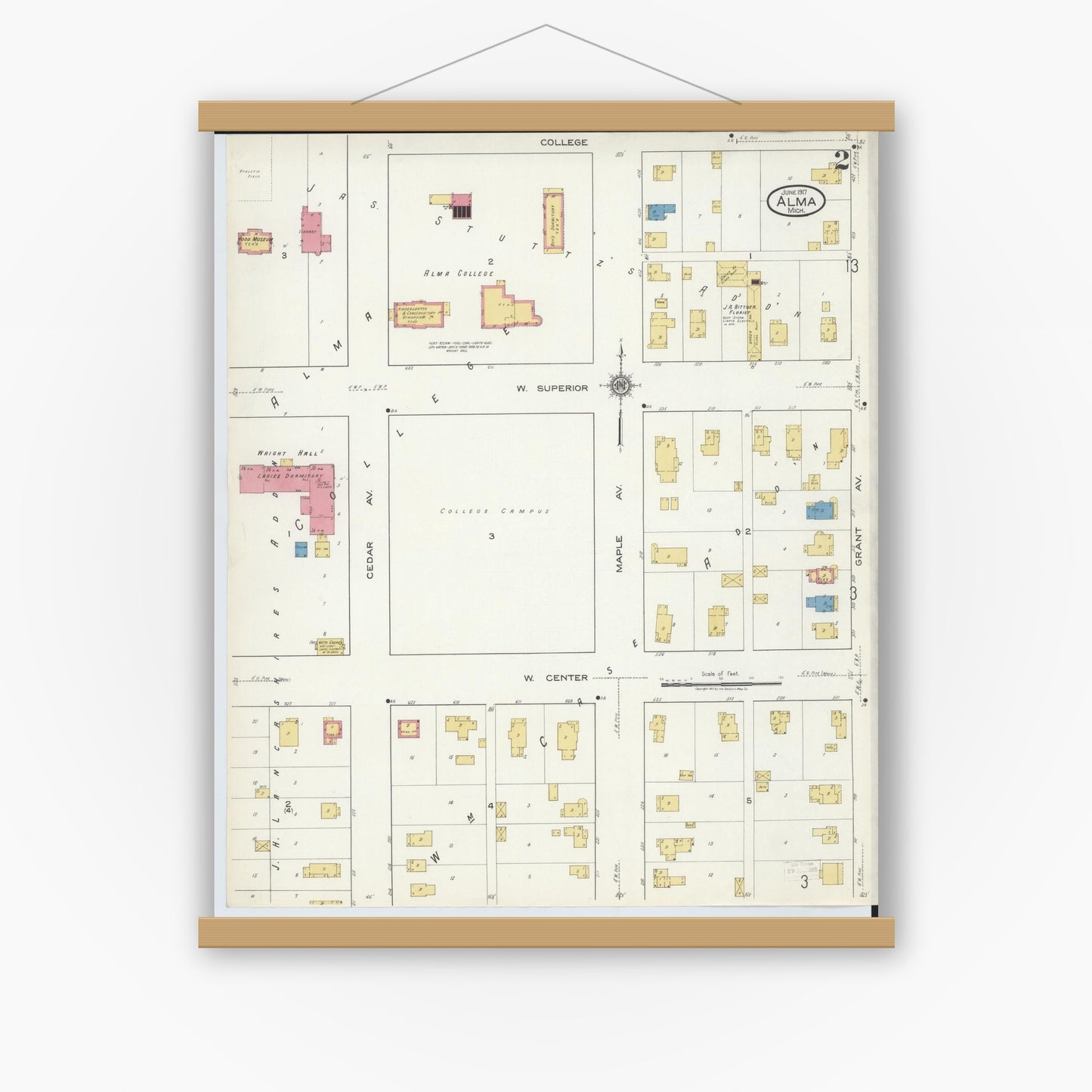 Old map wall art mockup — magnetic wood frame on white wall — Sanborn Fire Insurance Map from Alma, Gratiot County, Michigan (1917), Sheet #0002