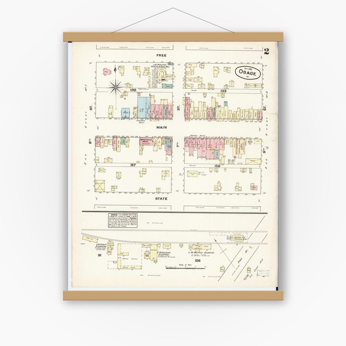 Old map wall art mockup — magnetic wood frame on white wall — Sanborn Fire Insurance Map from Osage, Mitchell County, Iowa (1883), Sheet #0002