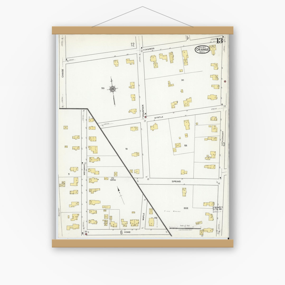 Old map wall art mockup — magnetic wood frame on white wall — Sanborn Fire Insurance Map from Orange, Franklin County, Massachusetts (1917), Sheet #0013