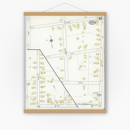Old map wall art mockup — magnetic wood frame on white wall — Sanborn Fire Insurance Map from Orange, Franklin County, Massachusetts (1917), Sheet #0013