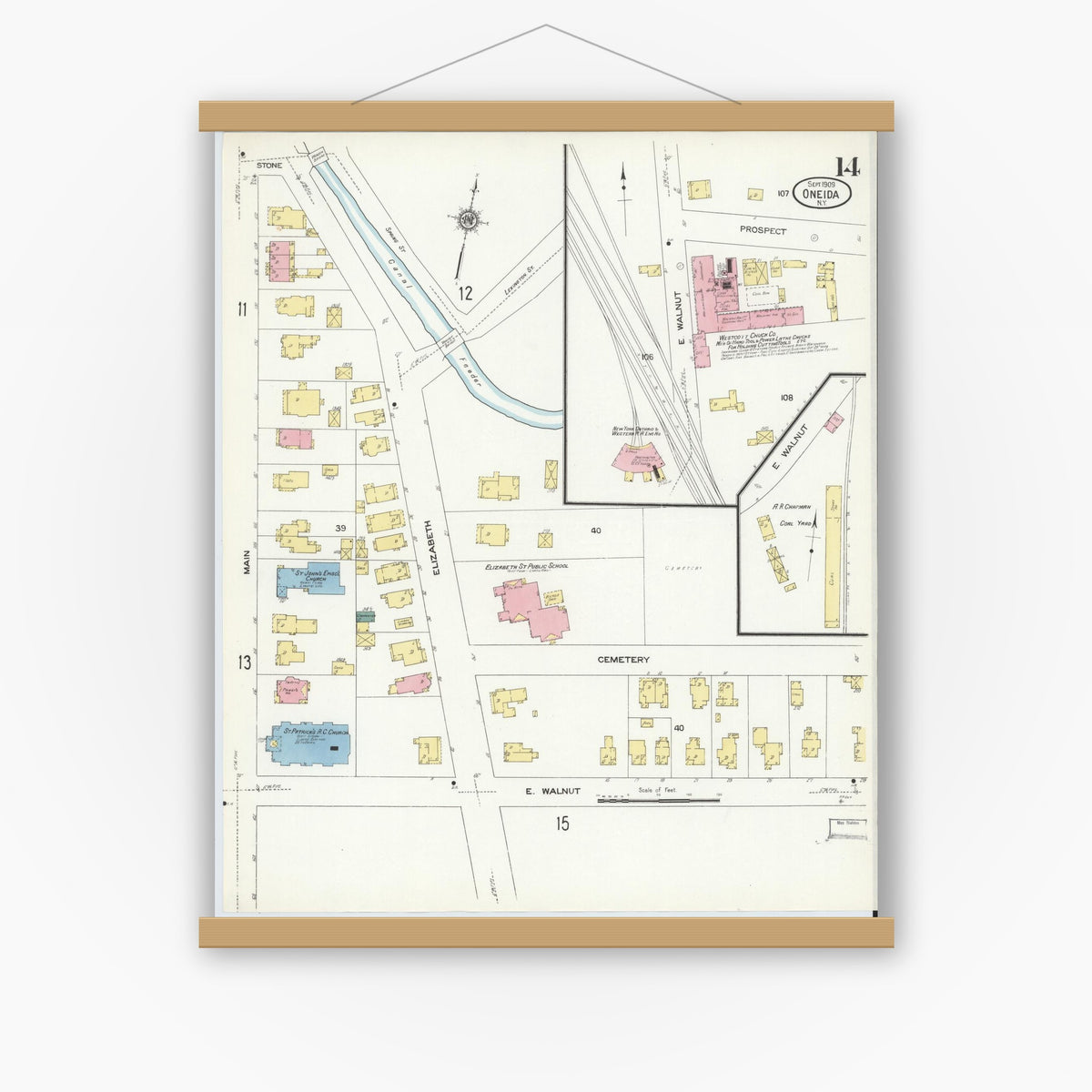 Old map wall art mockup — magnetic wood frame on white wall — Sanborn Fire Insurance Map from Oneida, Madison County, New York (1909), Sheet #0014