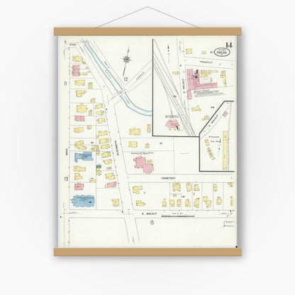 Old map wall art mockup — magnetic wood frame on white wall — Sanborn Fire Insurance Map from Oneida, Madison County, New York (1909), Sheet #0014