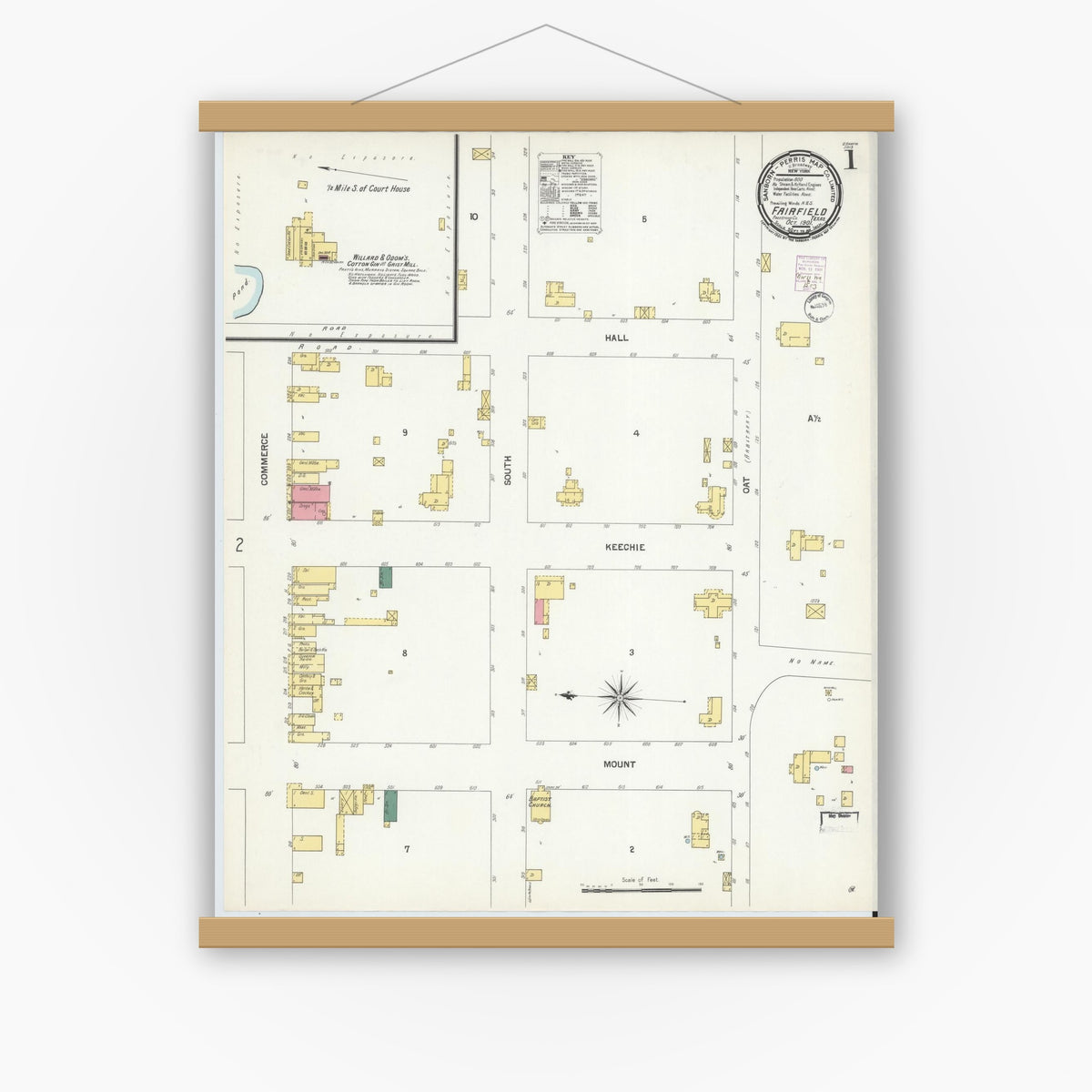 Old map wall art mockup — magnetic wood frame on white wall — Sanborn Fire Insurance Map from Fairfield, Freestone County, Texas (1901), Sheet #0001