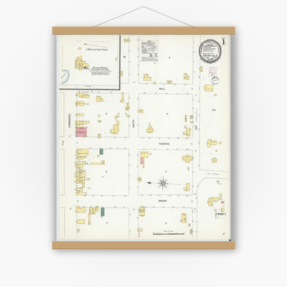 Old map wall art mockup — magnetic wood frame on white wall — Sanborn Fire Insurance Map from Fairfield, Freestone County, Texas (1901), Sheet #0001