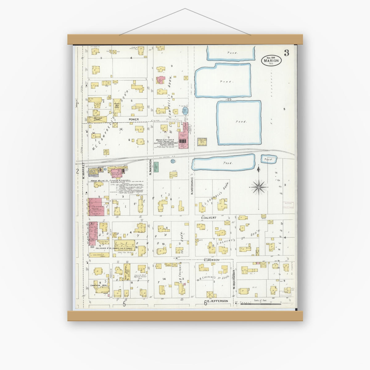 Old map wall art mockup — magnetic wood frame on white wall — Sanborn Fire Insurance Map from Marion, Williamson County, Illinois (1906), Sheet #0003