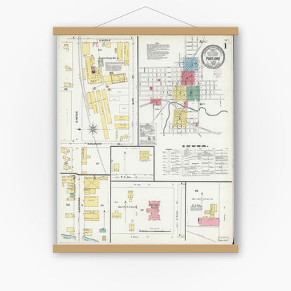 Old map wall art mockup — magnetic wood frame on white wall — Sanborn Fire Insurance Map from Portland, Jay County, Indiana (1902) - Complete Map Set