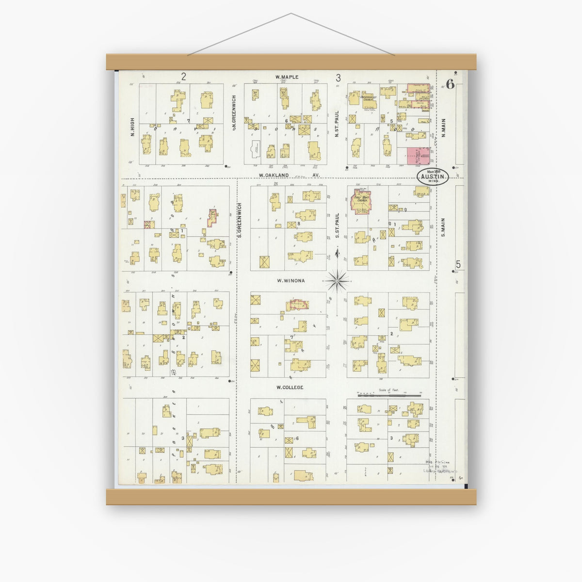 Old map wall art mockup — magnetic wood frame on white wall — Sanborn Fire Insurance Map from Austin, Mower County, Minnesota (1899), Sheet #0006
