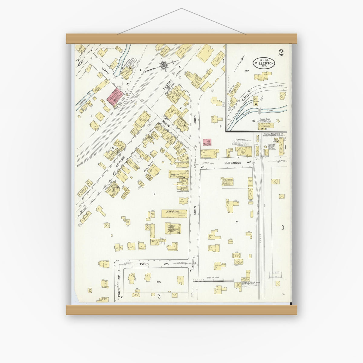 Old map wall art mockup — magnetic wood frame on white wall — Sanborn Fire Insurance Map from Millerton, Dutchess County, New York (1910), Sheet #0002