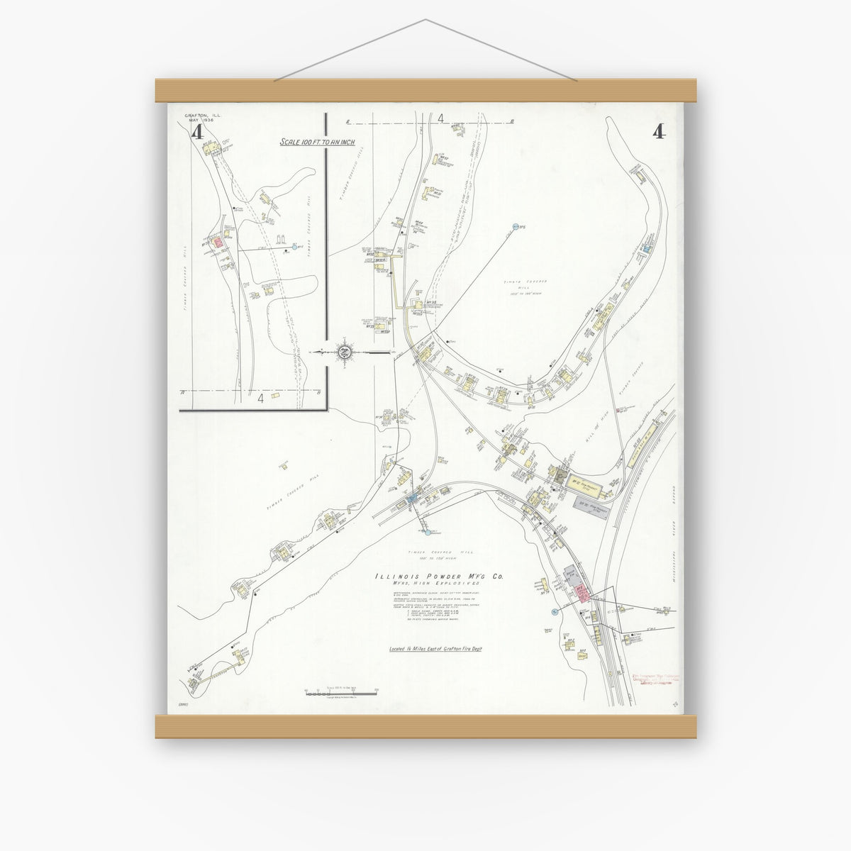 Old map wall art mockup — magnetic wood frame on white wall — Sanborn Fire Insurance Map from Grafton, Jersey County, Illinois (1936), Sheet #0004