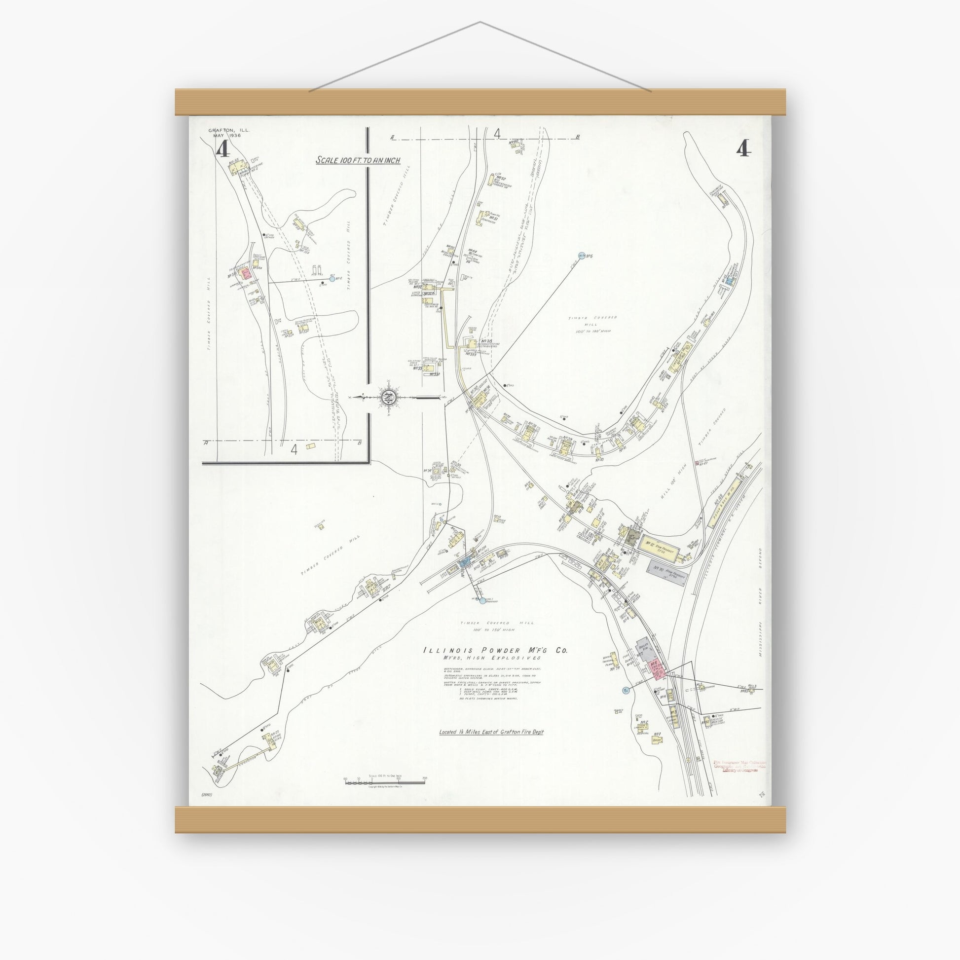 Old map wall art mockup — magnetic wood frame on white wall — Sanborn Fire Insurance Map from Grafton, Jersey County, Illinois (1936), Sheet #0004