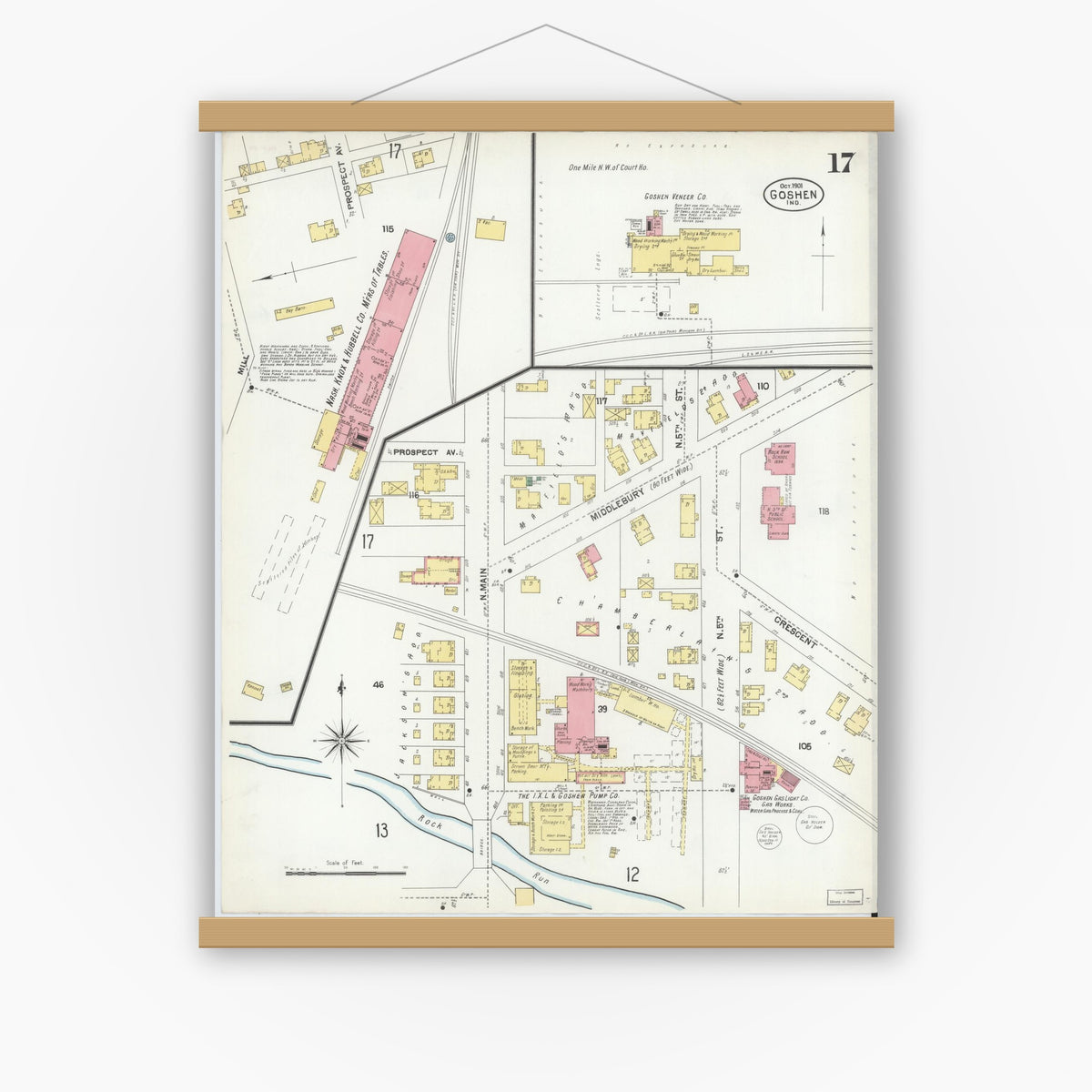Old map wall art mockup — magnetic wood frame on white wall — Sanborn Fire Insurance Map from Goshen, Elkhart County, Indiana (1901), Sheet #0017
