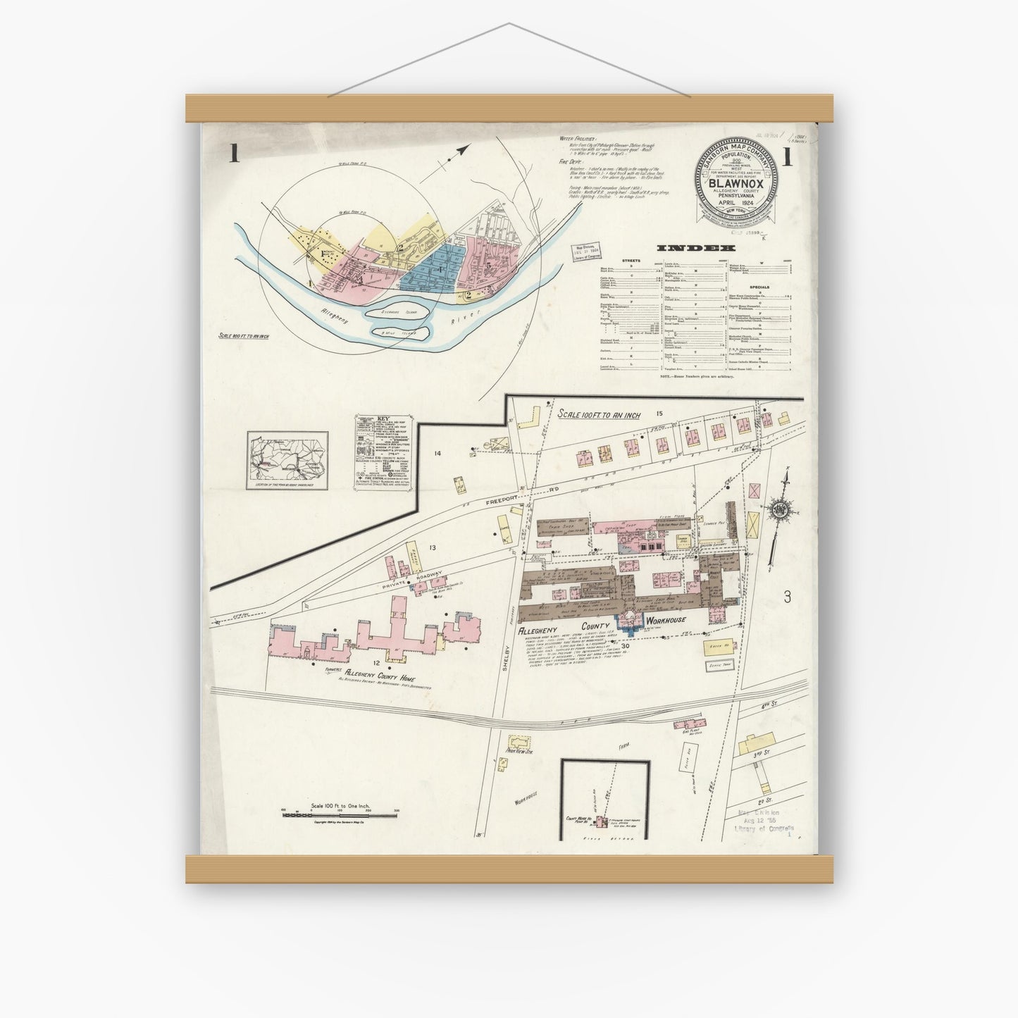 Old map wall art mockup — magnetic wood frame on white wall — Sanborn Fire Insurance Map from Blawnox, Allegheny County, Pennsylvania (1924) - Complete Map Set