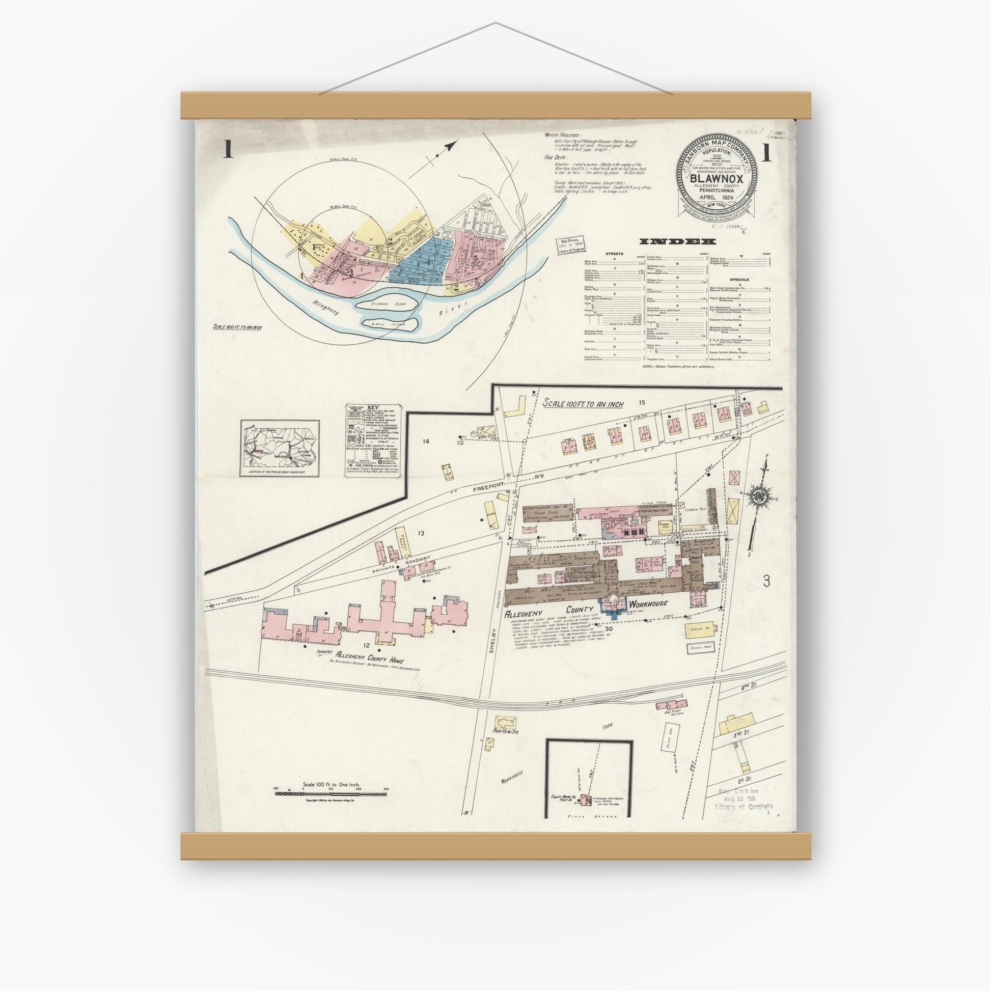 Old map wall art mockup — magnetic wood frame on white wall — Sanborn Fire Insurance Map from Blawnox, Allegheny County, Pennsylvania (1924) - Complete Map Set