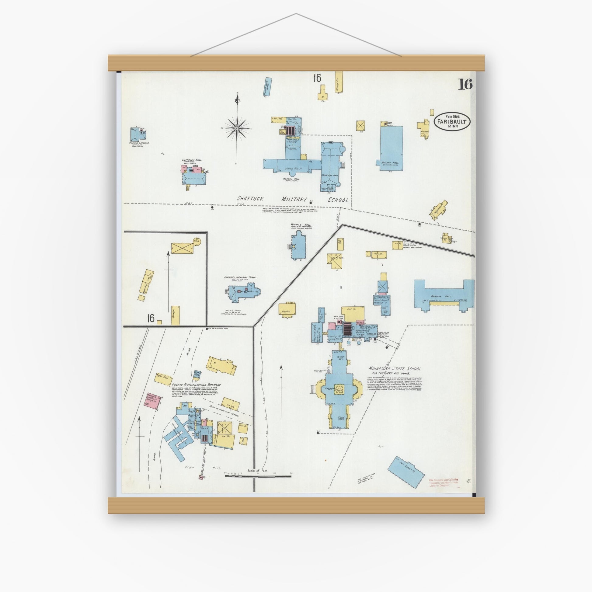 Old map wall art mockup — magnetic wood frame on white wall — Sanborn Fire Insurance Map from Faribault, Rice County, Minnesota (1905), Sheet #0016