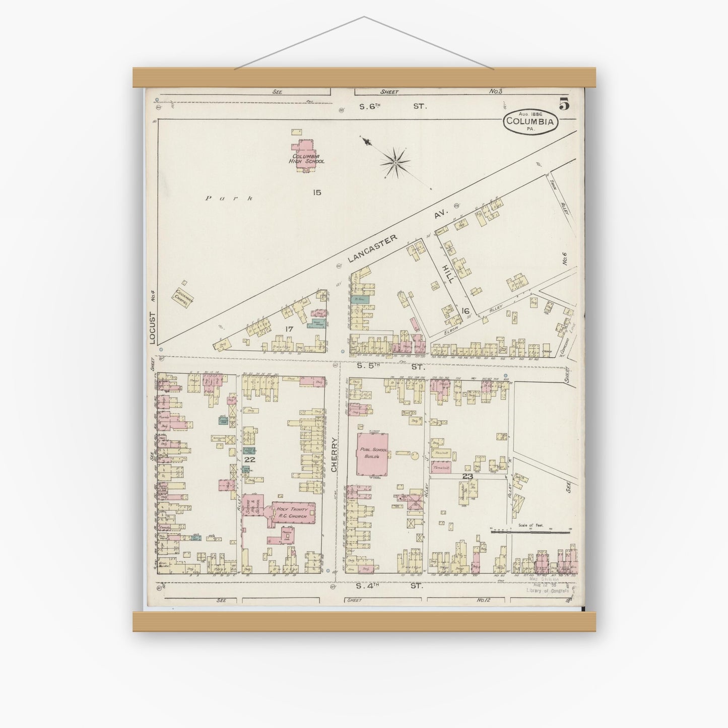 Old map wall art mockup — magnetic wood frame on white wall — Sanborn Fire Insurance Map from Columbia, Lancaster County, Pennsylvania (1886), Sheet #0005