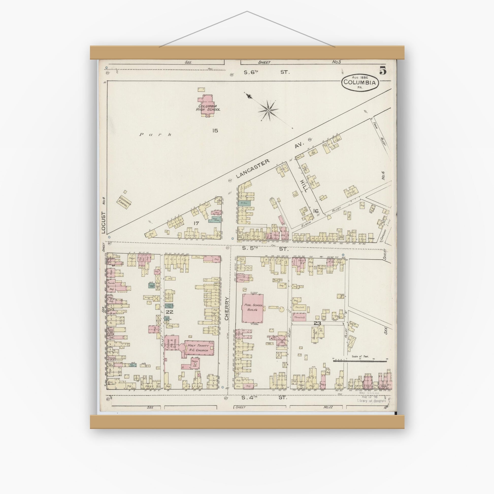 Old map wall art mockup — magnetic wood frame on white wall — Sanborn Fire Insurance Map from Columbia, Lancaster County, Pennsylvania (1886), Sheet #0005