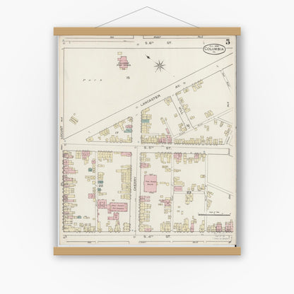 Old map wall art mockup — magnetic wood frame on white wall — Sanborn Fire Insurance Map from Columbia, Lancaster County, Pennsylvania (1886), Sheet #0005