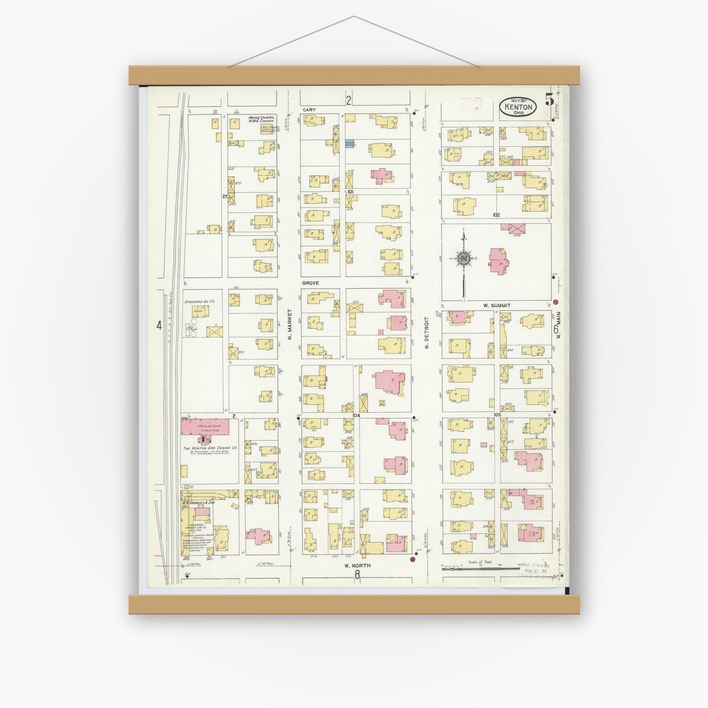 Old map wall art mockup — magnetic wood frame on white wall — Sanborn Fire Insurance Map from Kenton, Hardin County, Ohio (1911), Sheet #0005