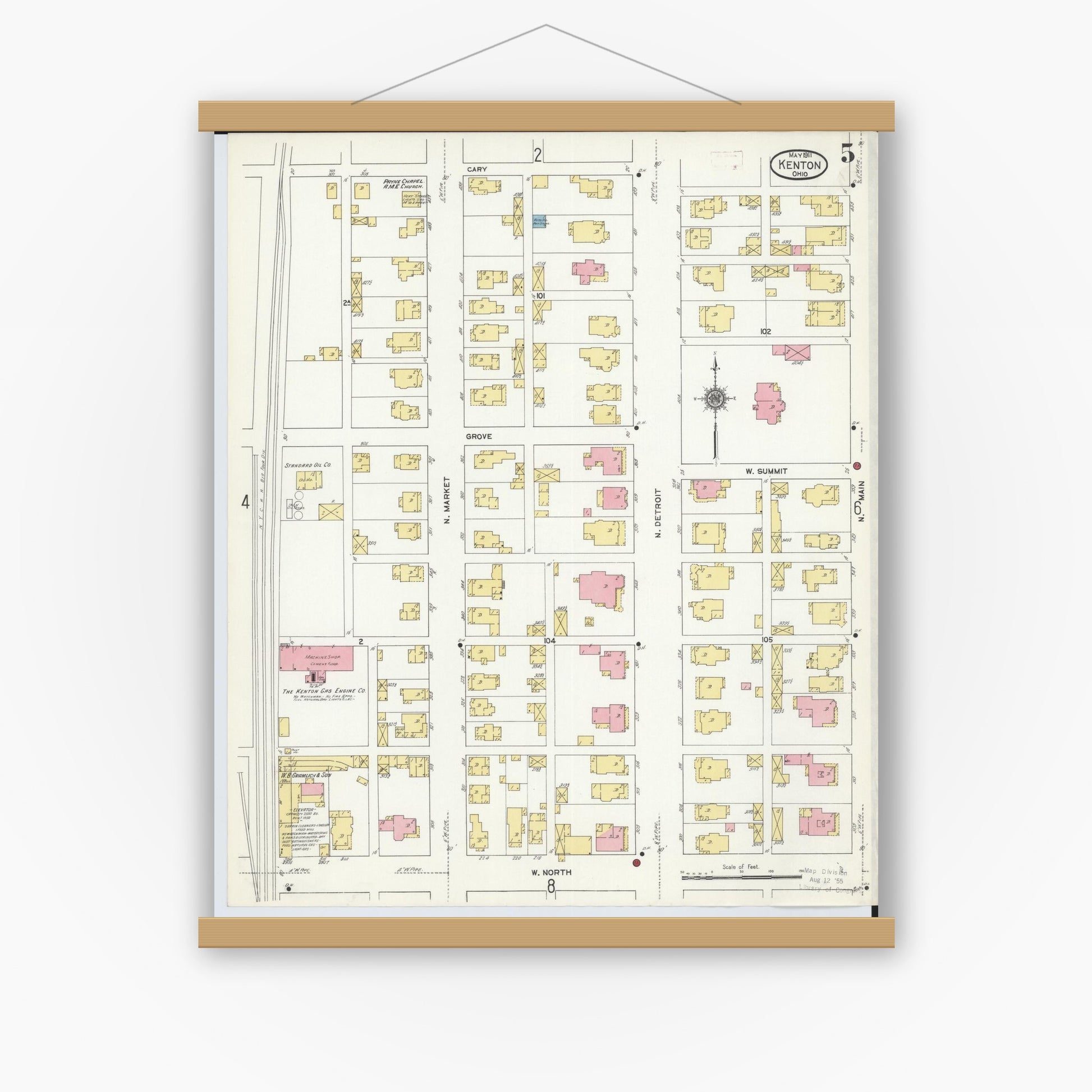 Old map wall art mockup — magnetic wood frame on white wall — Sanborn Fire Insurance Map from Kenton, Hardin County, Ohio (1911), Sheet #0005