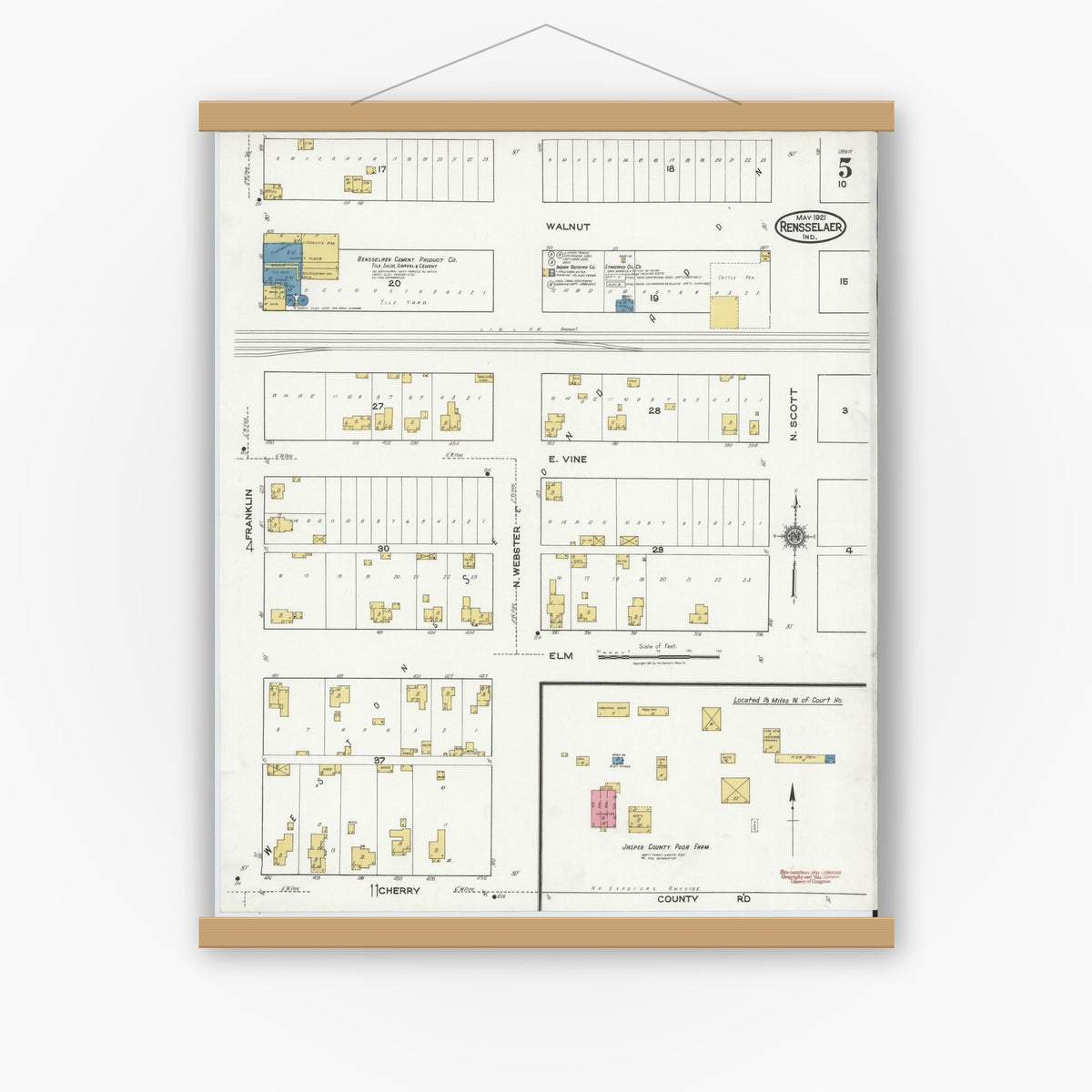 Old map wall art mockup — magnetic wood frame on white wall — Sanborn Fire Insurance Map from Rensselaer, Jasper County, Indiana (1921), Sheet #0005