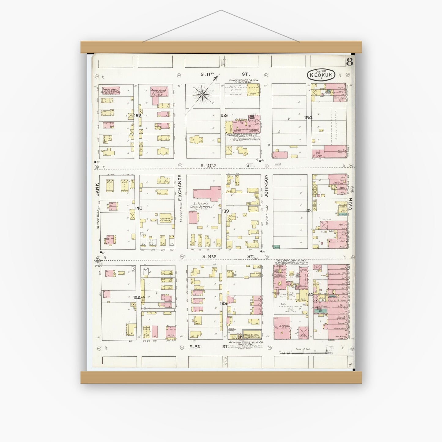 Old map wall art mockup — magnetic wood frame on white wall — Sanborn Fire Insurance Map from Keokuk, Lee County, Iowa (1893), Sheet #0008