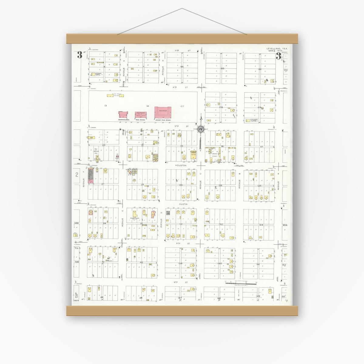Old map wall art mockup — magnetic wood frame on white wall — Sanborn Fire Insurance Map from Levelland, Hockley County, Texas (1933), Sheet #0003