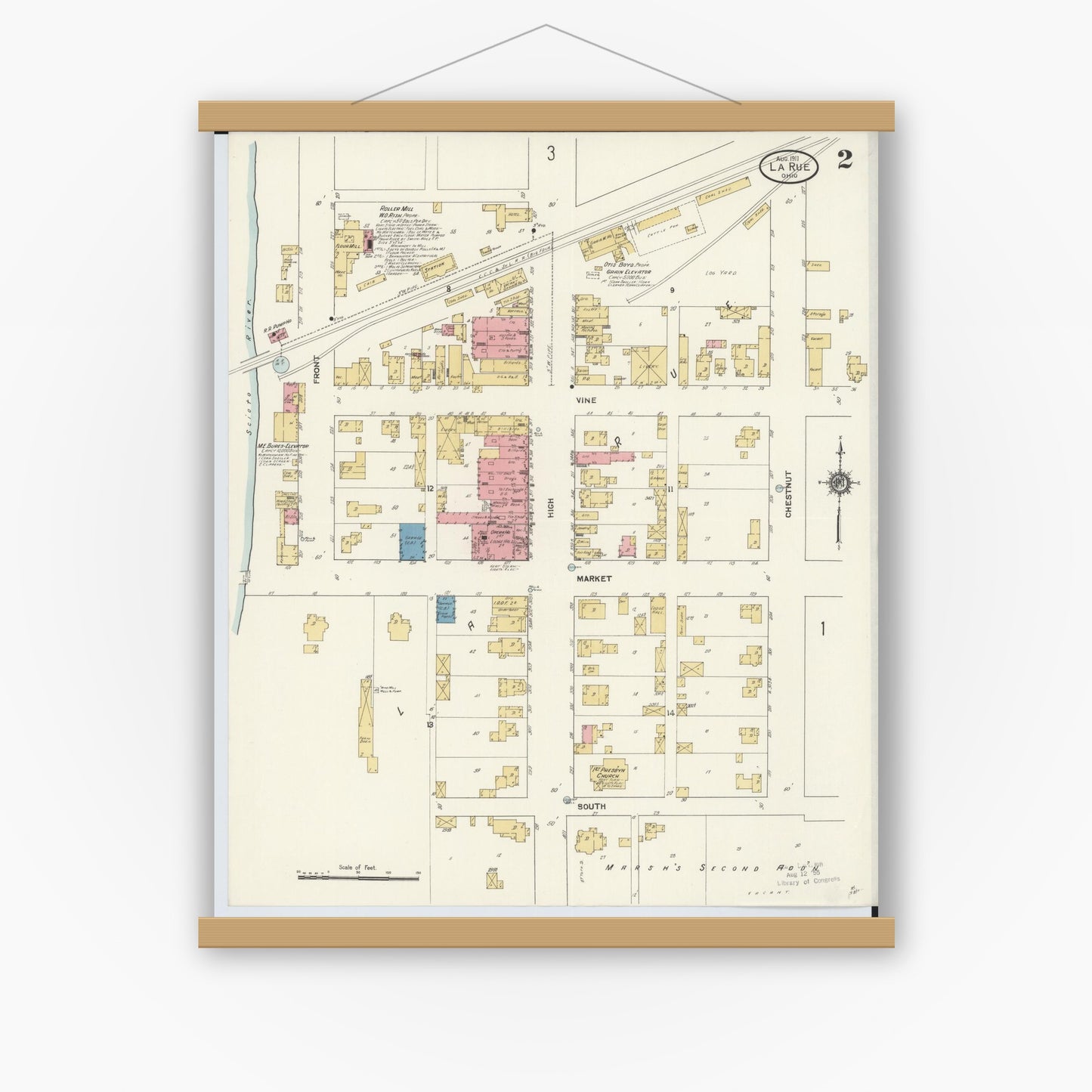 Old map wall art mockup — magnetic wood frame on white wall — Sanborn Fire Insurance Map from La Rue, Marion County, Ohio (1911), Sheet #0002