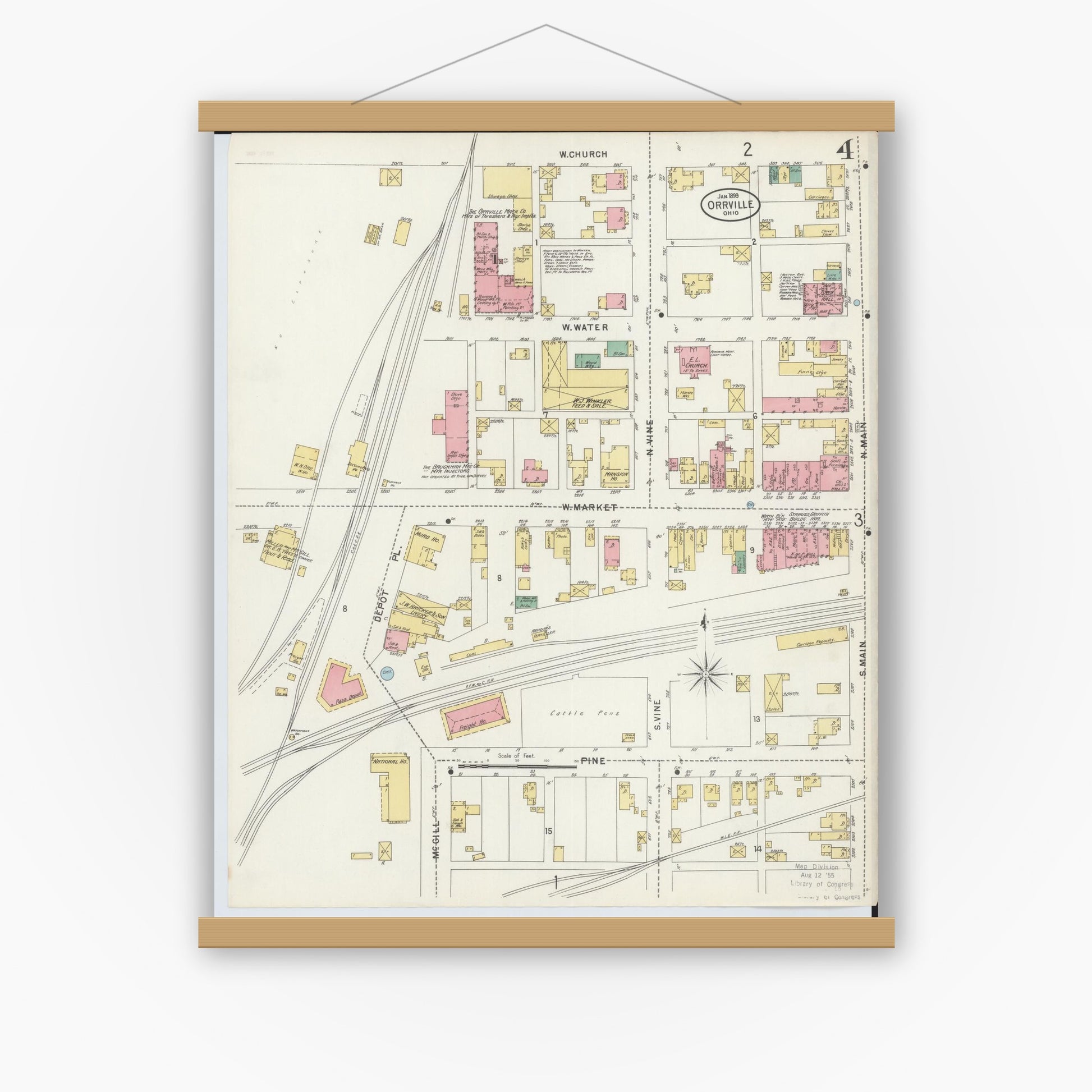 Old map wall art mockup — magnetic wood frame on white wall — Sanborn Fire Insurance Map from Orrville, Wayne County, Ohio (1899), Sheet #0004