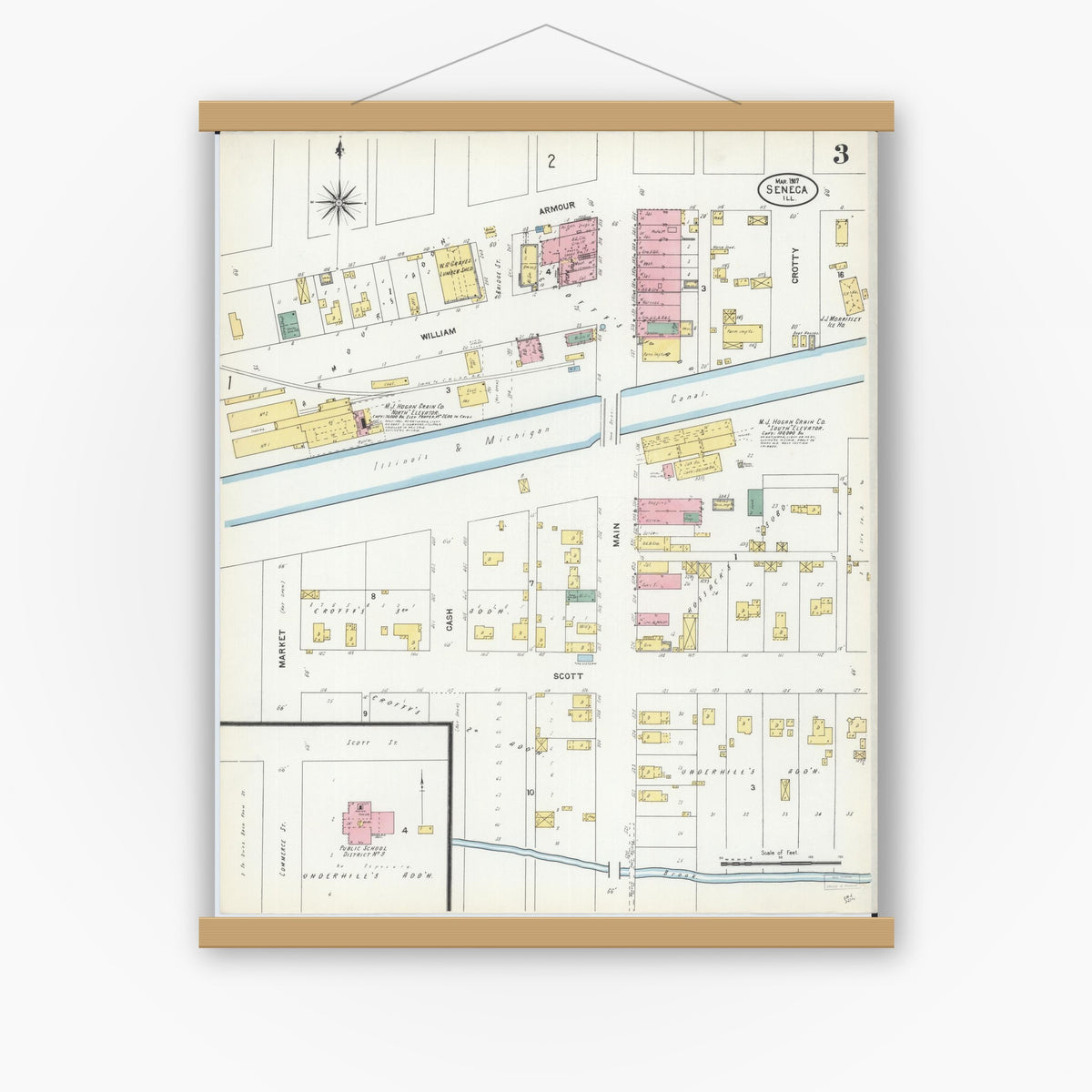Old map wall art mockup — magnetic wood frame on white wall — Sanborn Fire Insurance Map from Seneca, La Salle County, Illinois (1907), Sheet #0003