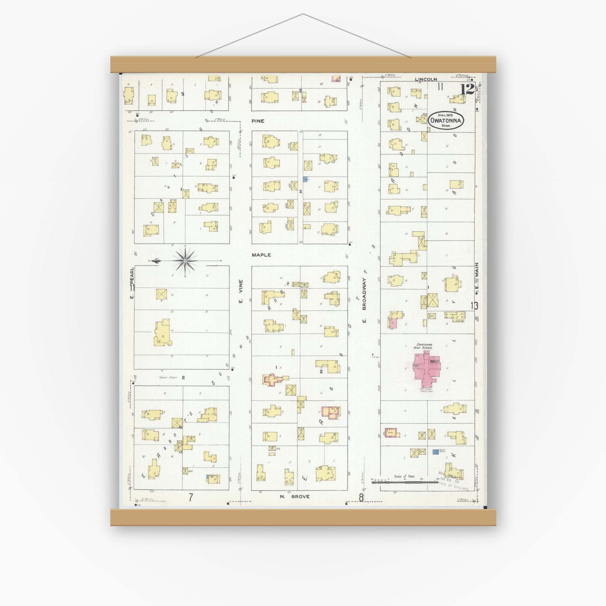 Old map wall art mockup — magnetic wood frame on white wall — Sanborn Fire Insurance Map from Owatonna, Steele County, Minnesota (1909), Sheet #0012