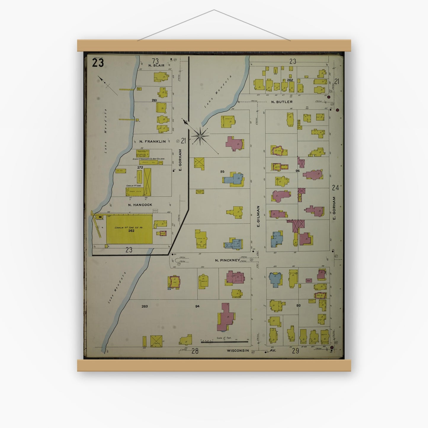 Old map wall art mockup — magnetic wood frame on white wall — Sanborn Fire Insurance Map from Madison, Dane County, Wisconsin (1908), Sheet #0023