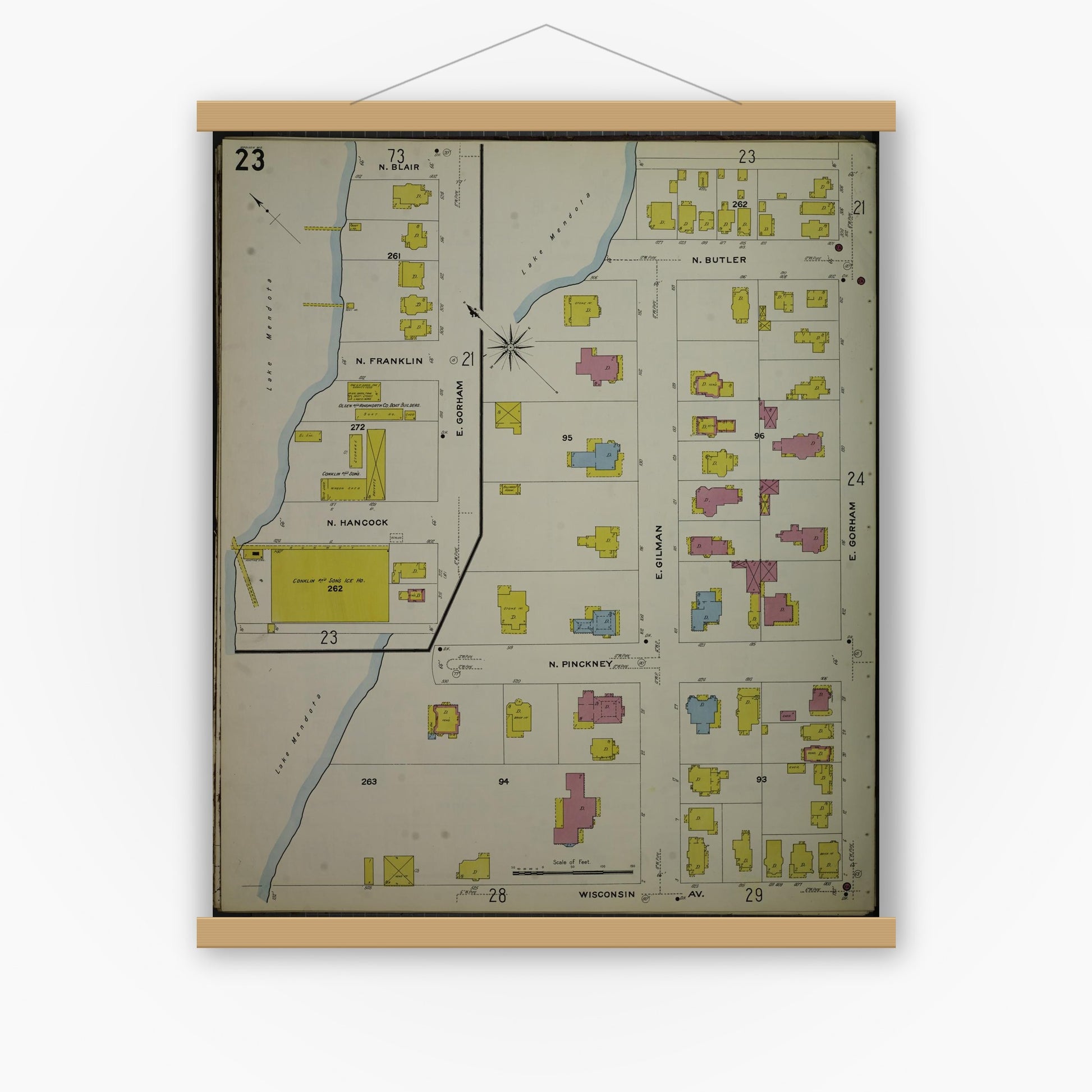 Old map wall art mockup — magnetic wood frame on white wall — Sanborn Fire Insurance Map from Madison, Dane County, Wisconsin (1908), Sheet #0023
