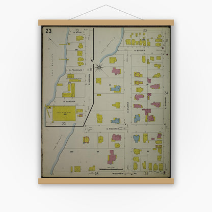 Old map wall art mockup — magnetic wood frame on white wall — Sanborn Fire Insurance Map from Madison, Dane County, Wisconsin (1908), Sheet #0023