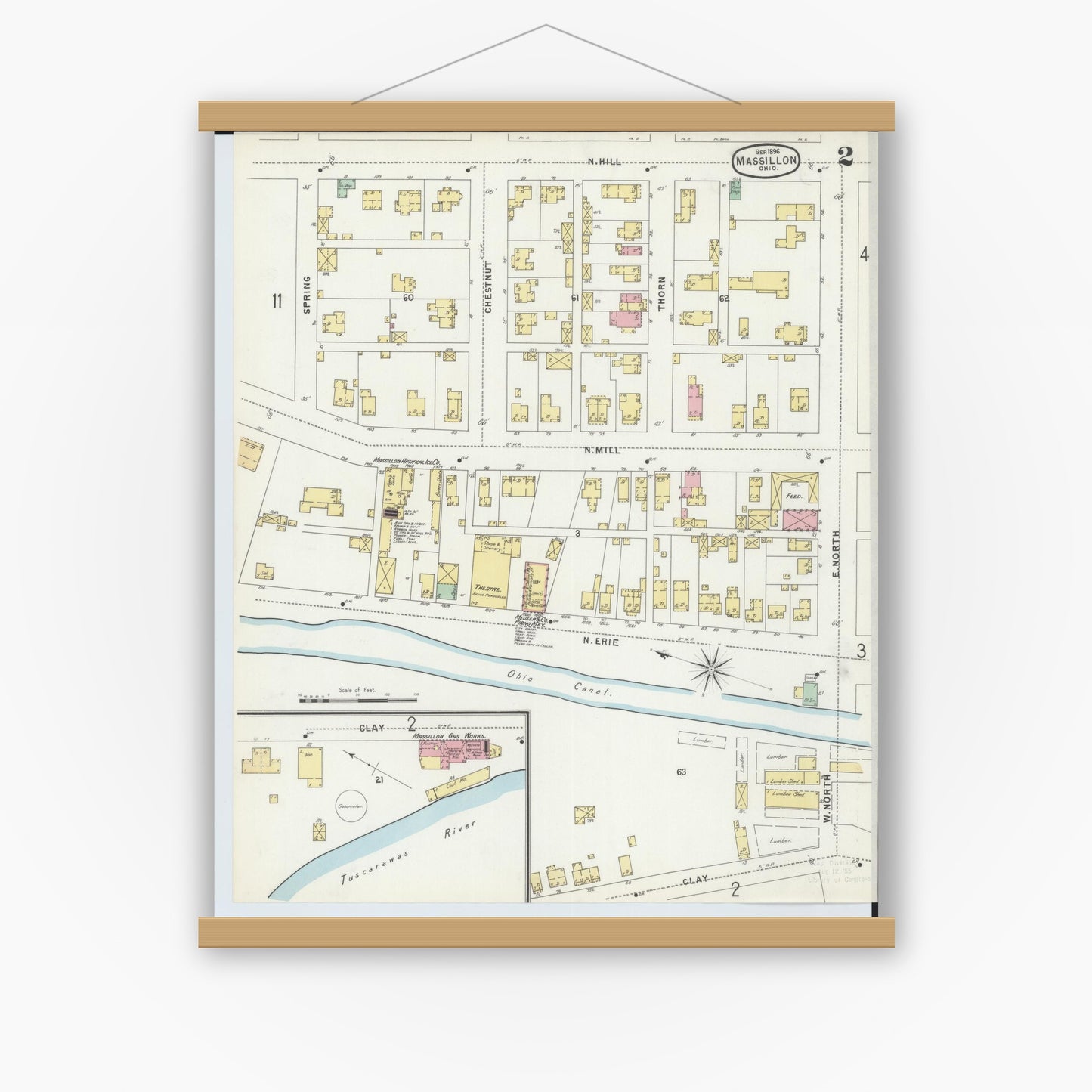 Old map wall art mockup — magnetic wood frame on white wall — Sanborn Fire Insurance Map from Massillon, Stark County, Ohio (1896), Sheet #0002