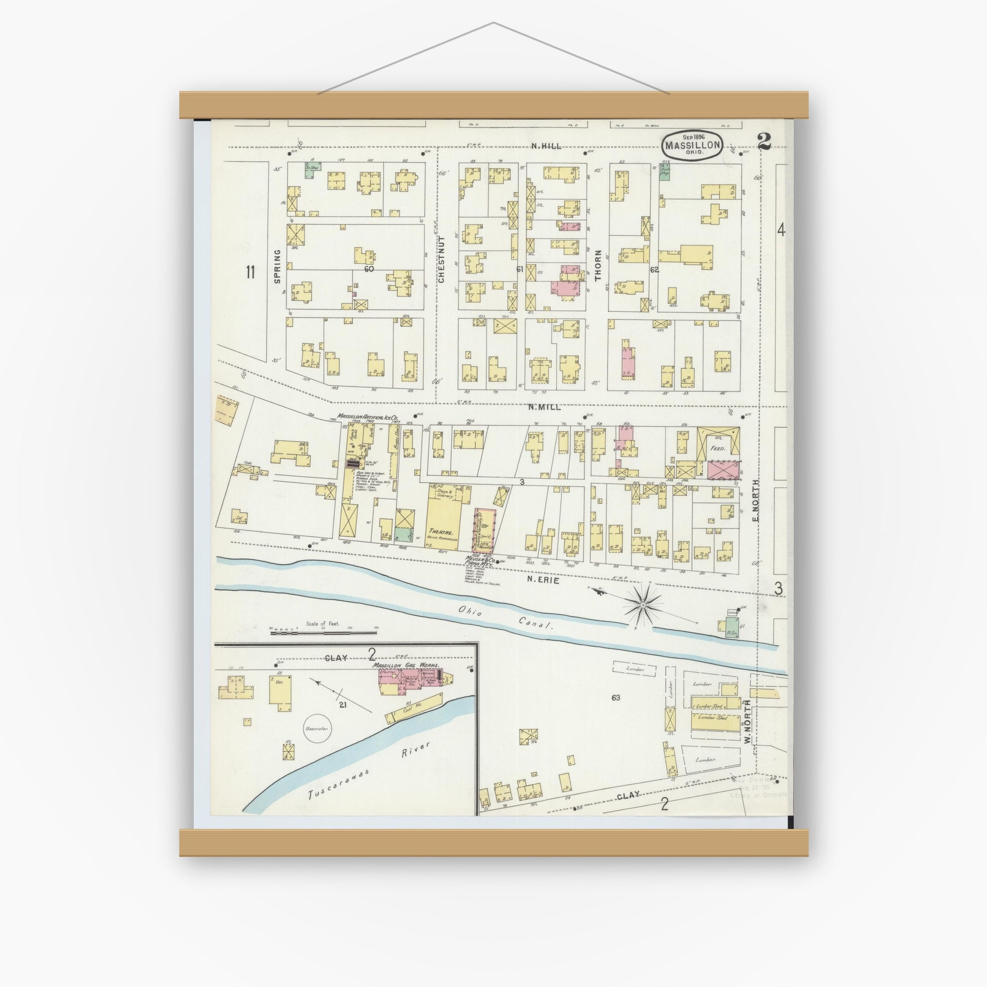 Old map wall art mockup — magnetic wood frame on white wall — Sanborn Fire Insurance Map from Massillon, Stark County, Ohio (1896), Sheet #0002