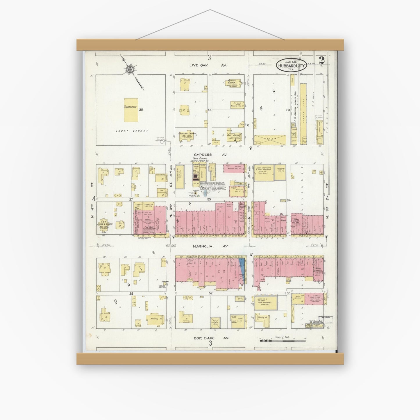 Old map wall art mockup — magnetic wood frame on white wall — Sanborn Fire Insurance Map from Hubbard, Hill County, Texas (1916), Sheet #0002