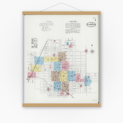 Old map wall art mockup — magnetic wood frame on white wall — Sanborn Fire Insurance Map from Bloomington, McLean County, Illinois (1892), Sheet #0001