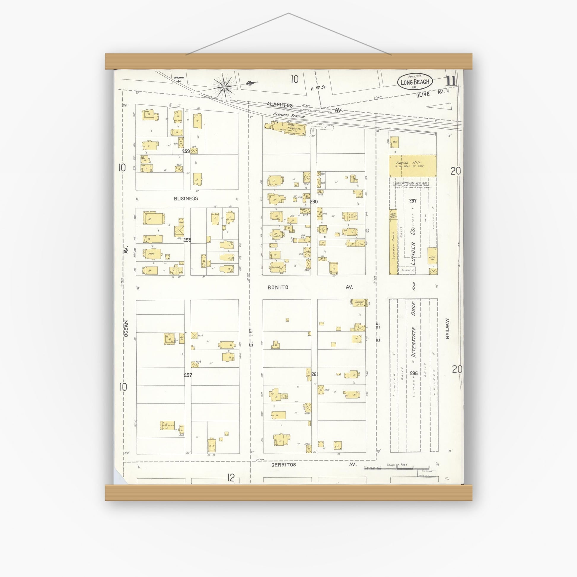 Old map wall art mockup — magnetic wood frame on white wall — Sanborn Fire Insurance Map from Long Beach, Los Angeles County, California (1905), Sheet #0011