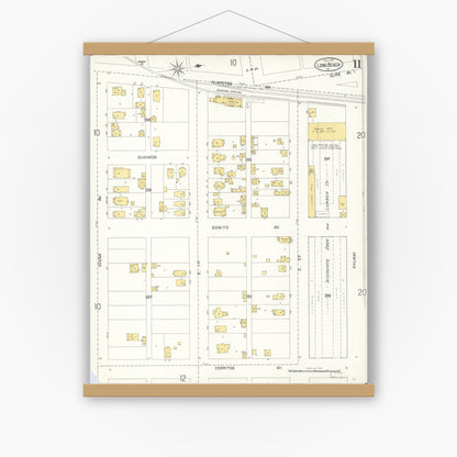 Old map wall art mockup — magnetic wood frame on white wall — Sanborn Fire Insurance Map from Long Beach, Los Angeles County, California (1905), Sheet #0011