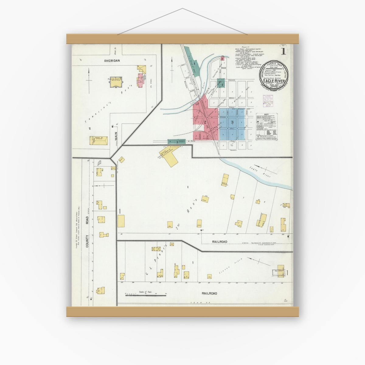 Old map wall art mockup — magnetic wood frame on white wall — Sanborn Fire Insurance Map from Eagle River, Vilas County, Wisconsin (1901), Sheet #0001
