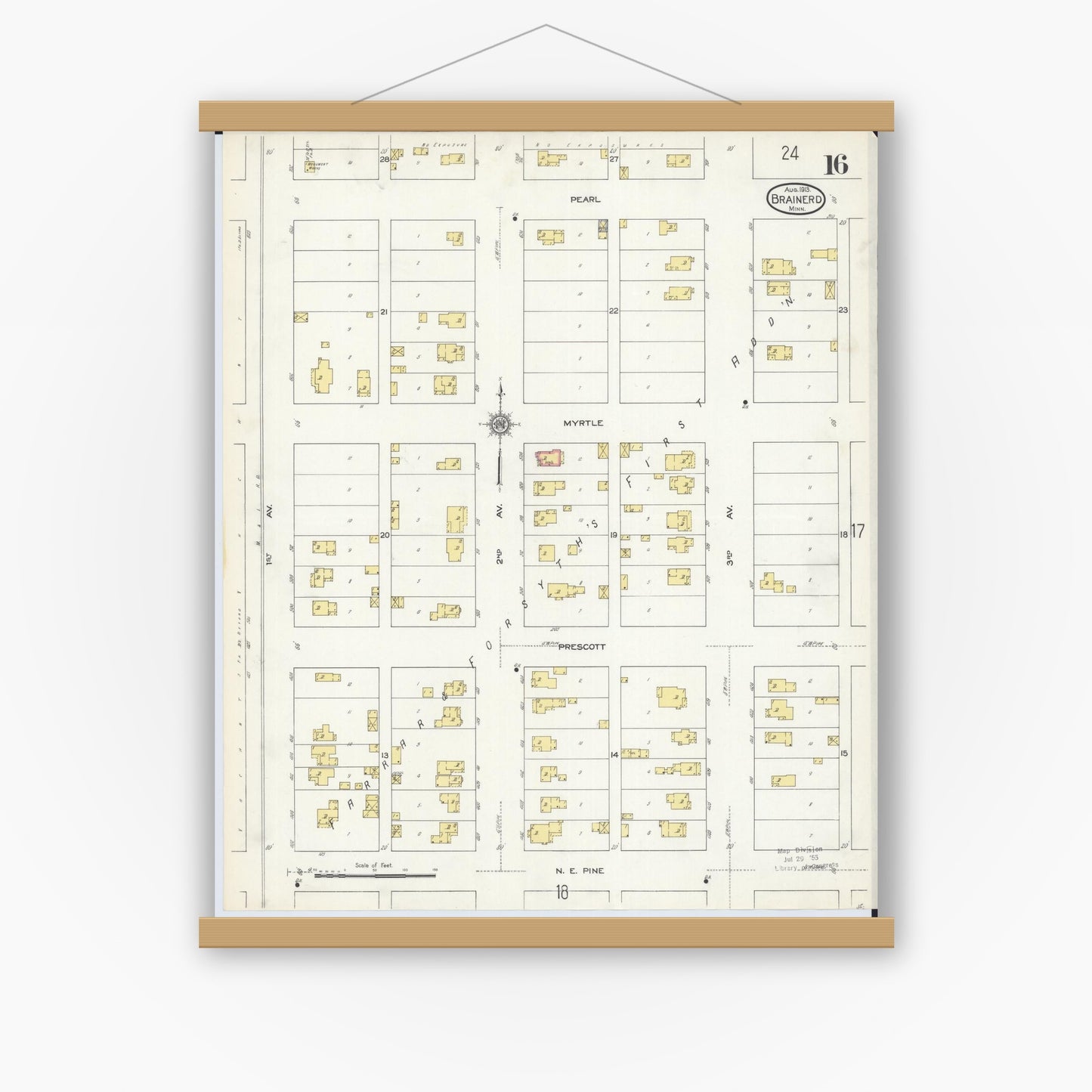Old map wall art mockup — magnetic wood frame on white wall — Sanborn Fire Insurance Map from Brainerd, Crow Wing County, Minnesota (1913), Sheet #0016