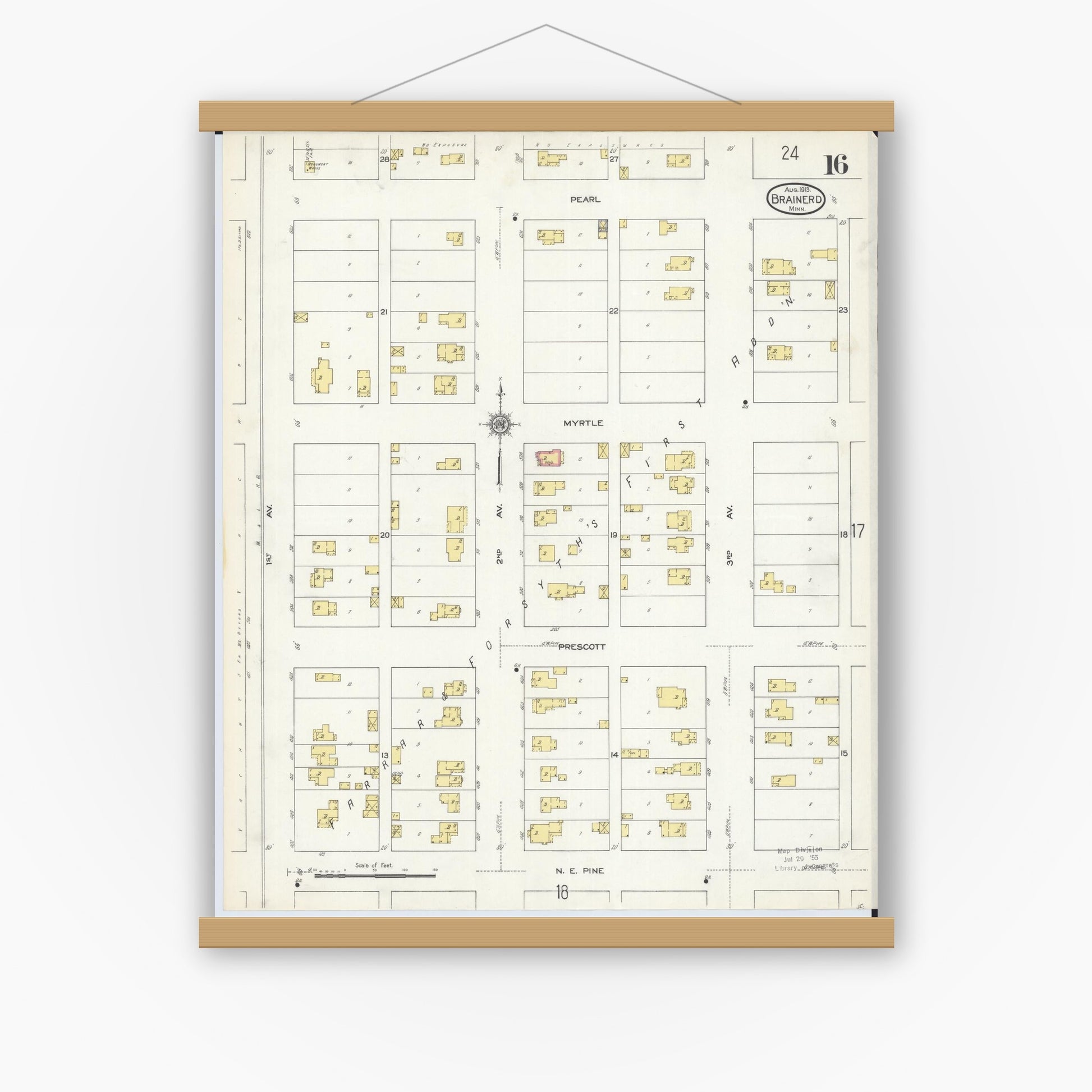 Old map wall art mockup — magnetic wood frame on white wall — Sanborn Fire Insurance Map from Brainerd, Crow Wing County, Minnesota (1913), Sheet #0016