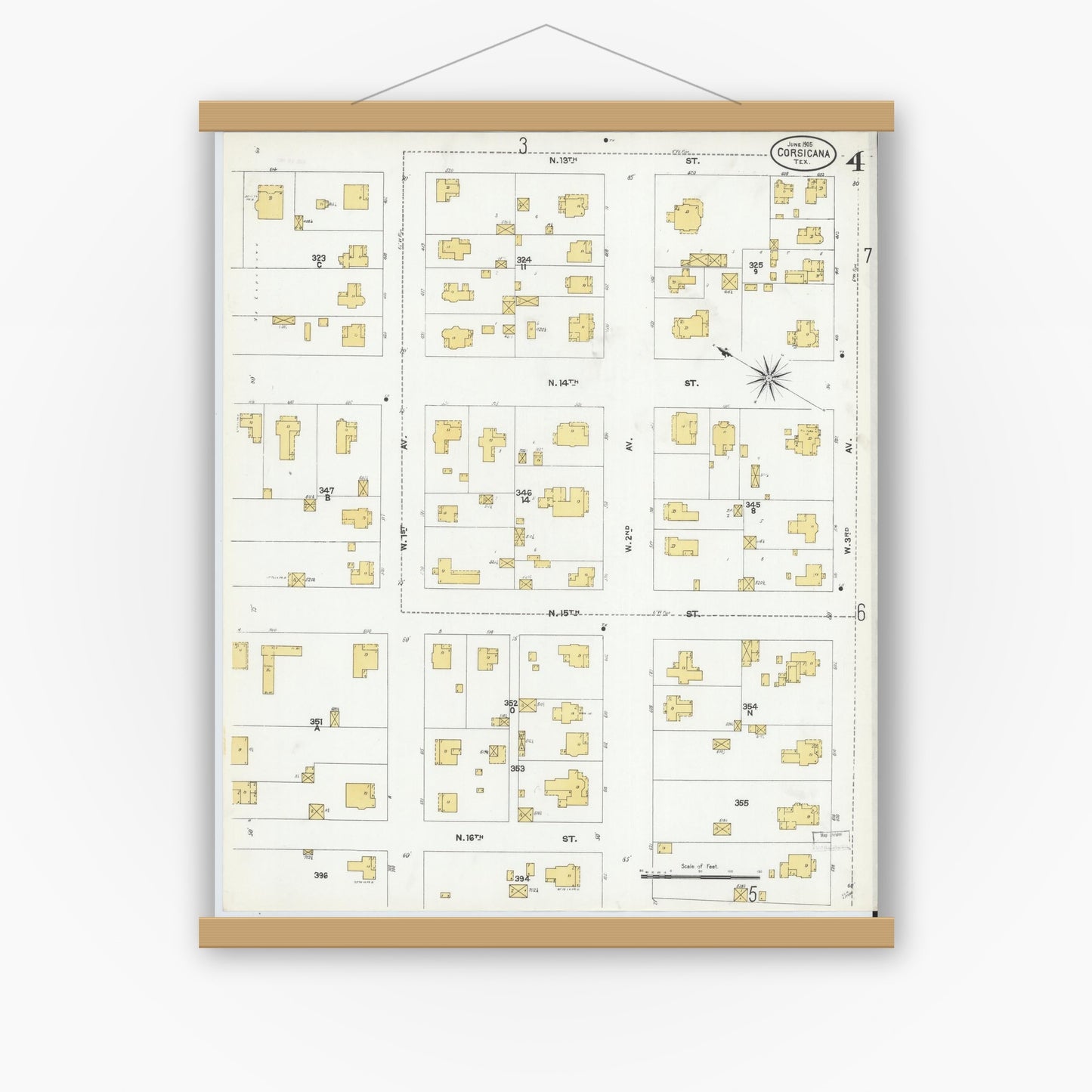 Old map wall art mockup — magnetic wood frame on white wall — Sanborn Fire Insurance Map from Corsicana, Navarro County, Texas (1905), Sheet #0004