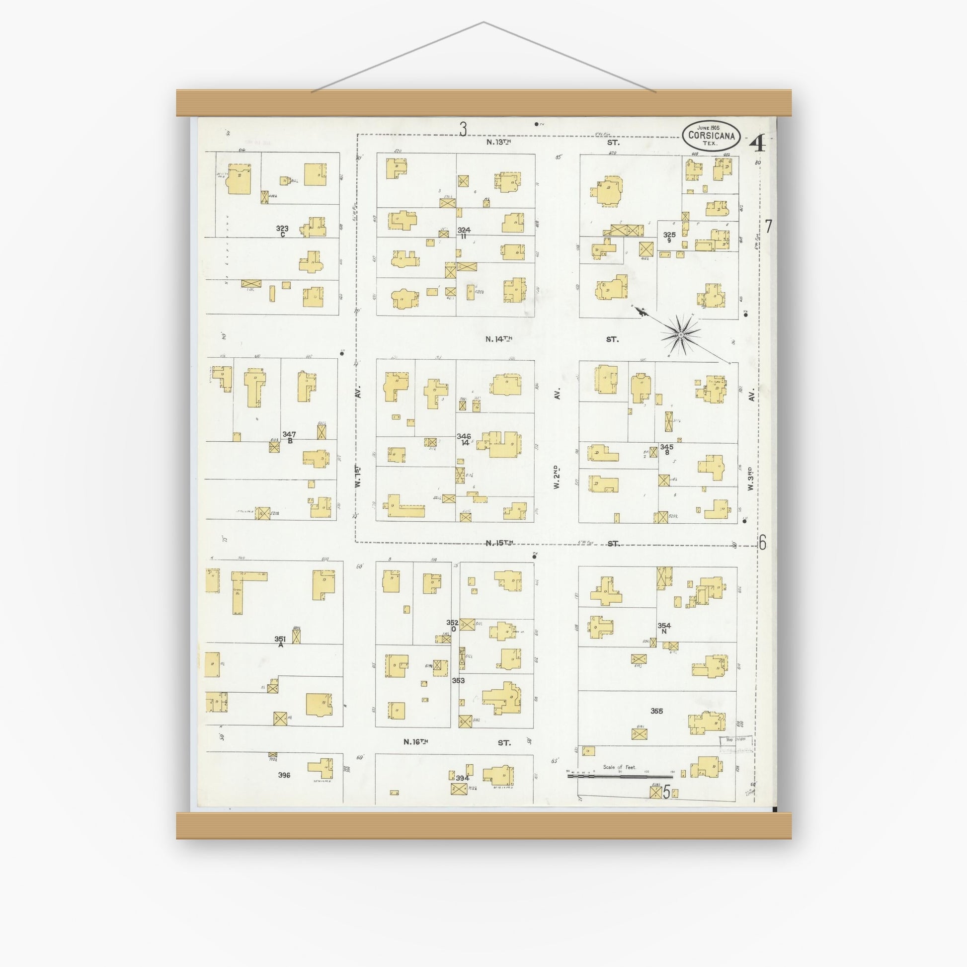 Old map wall art mockup — magnetic wood frame on white wall — Sanborn Fire Insurance Map from Corsicana, Navarro County, Texas (1905), Sheet #0004