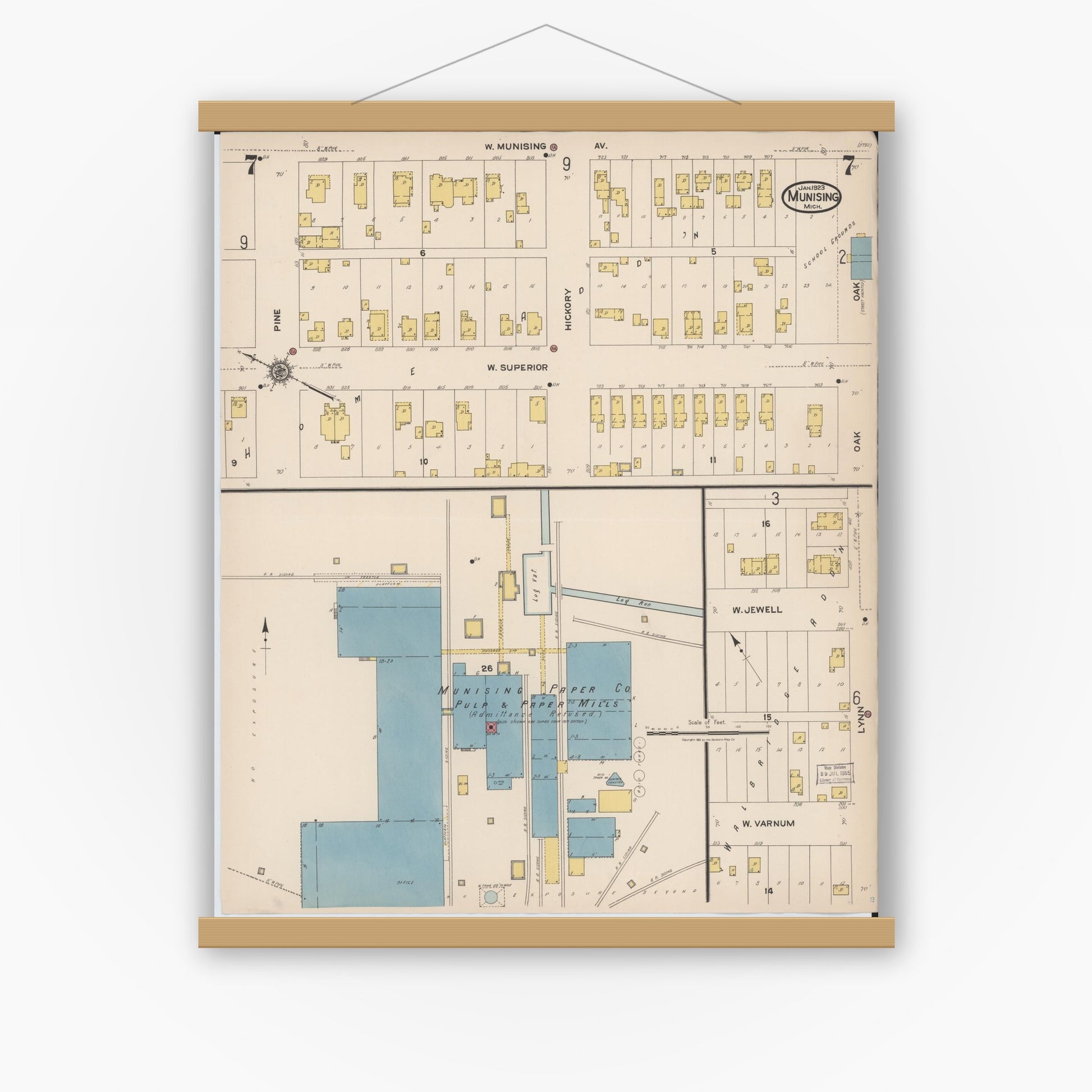 Old map wall art mockup — magnetic wood frame on white wall — Sanborn Fire Insurance Map from Munising, Alger County, Michigan (1923), Sheet #0007