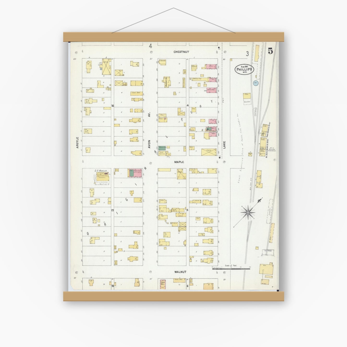 Old map wall art mockup — magnetic wood frame on white wall — Sanborn Fire Insurance Map from Phillips, Price County, Wisconsin (1901), Sheet #0005