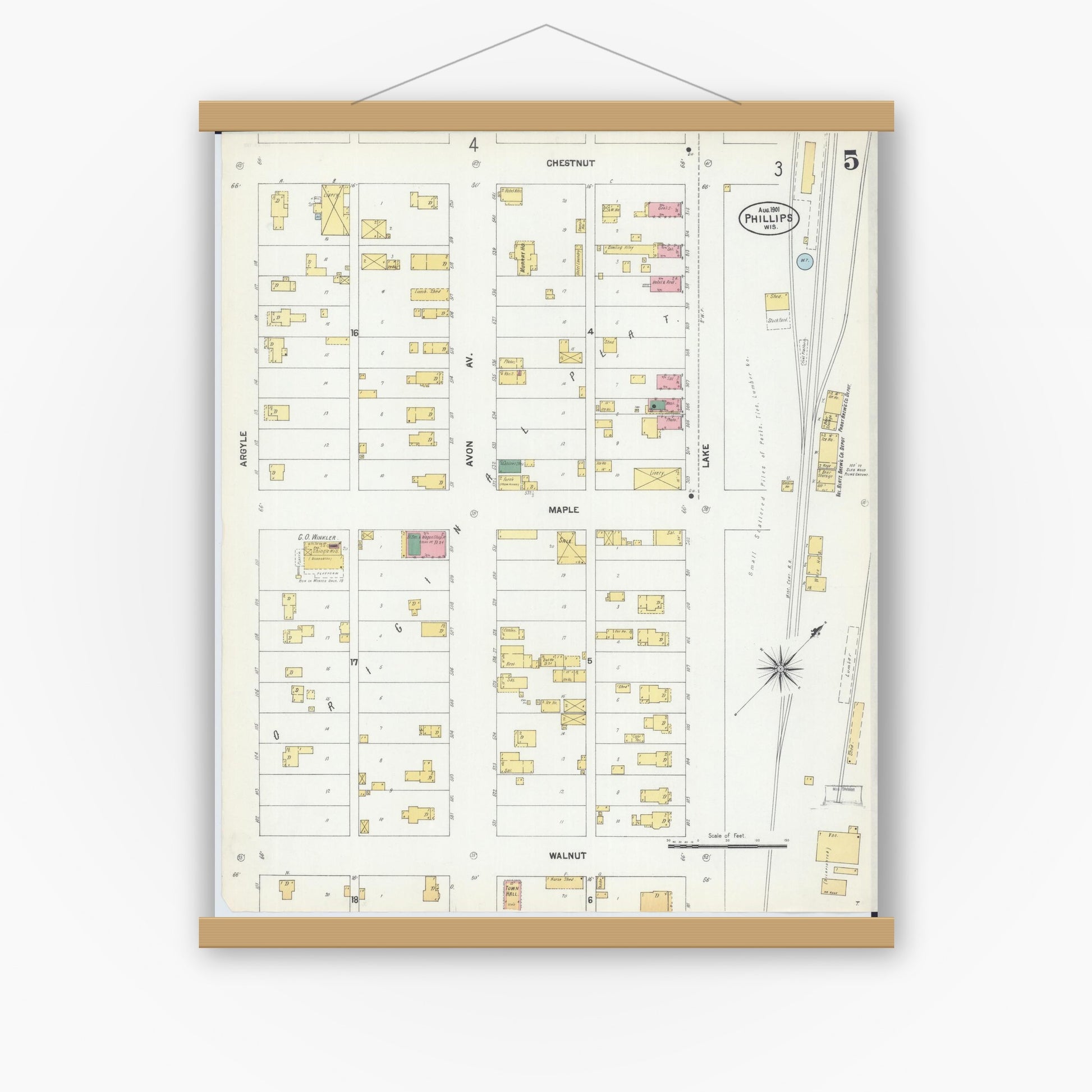 Old map wall art mockup — magnetic wood frame on white wall — Sanborn Fire Insurance Map from Phillips, Price County, Wisconsin (1901), Sheet #0005
