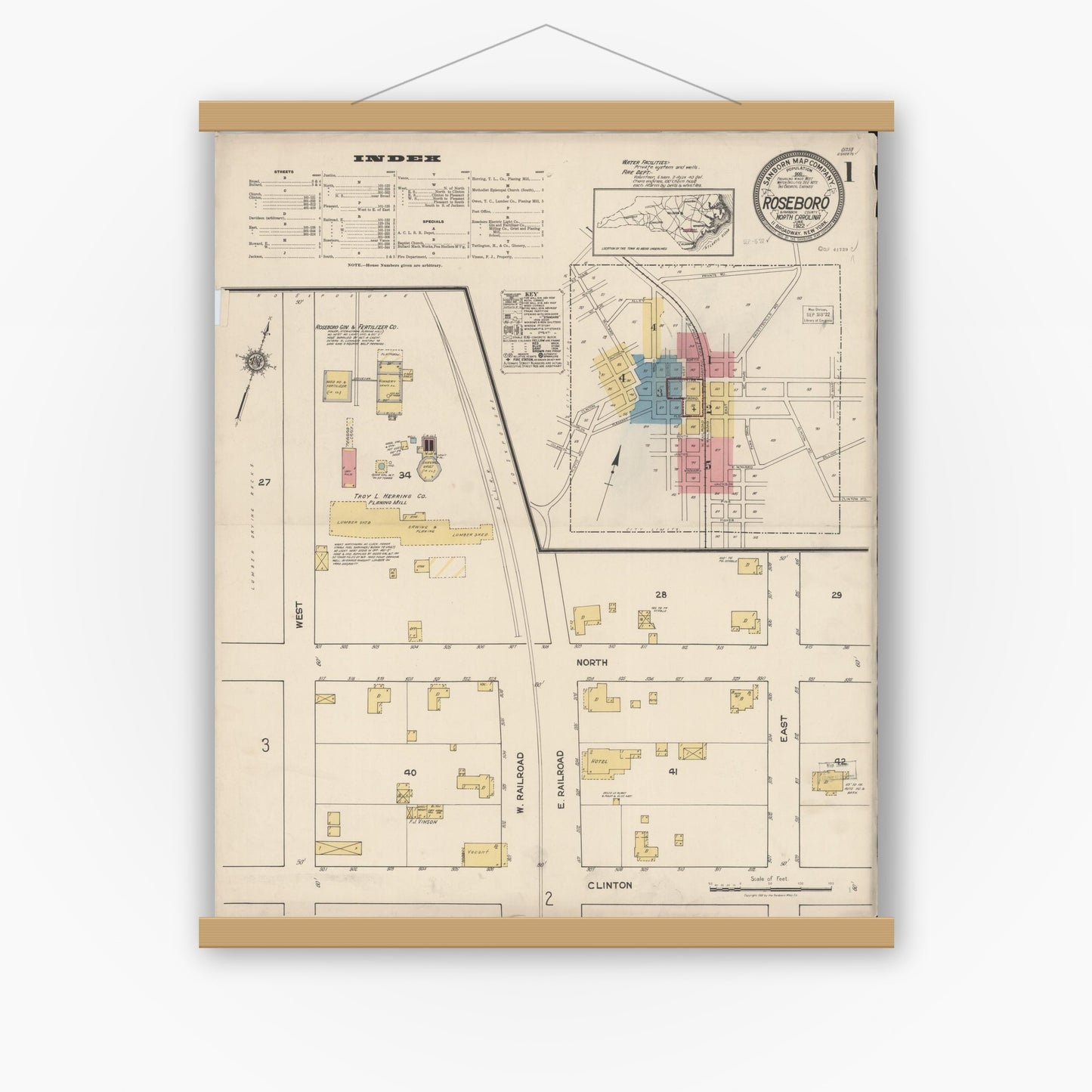 Old map wall art mockup — magnetic wood frame on white wall — Sanborn Fire Insurance Map from Roseboro, Sampson County, North Carolina (1922) - Complete Map Set