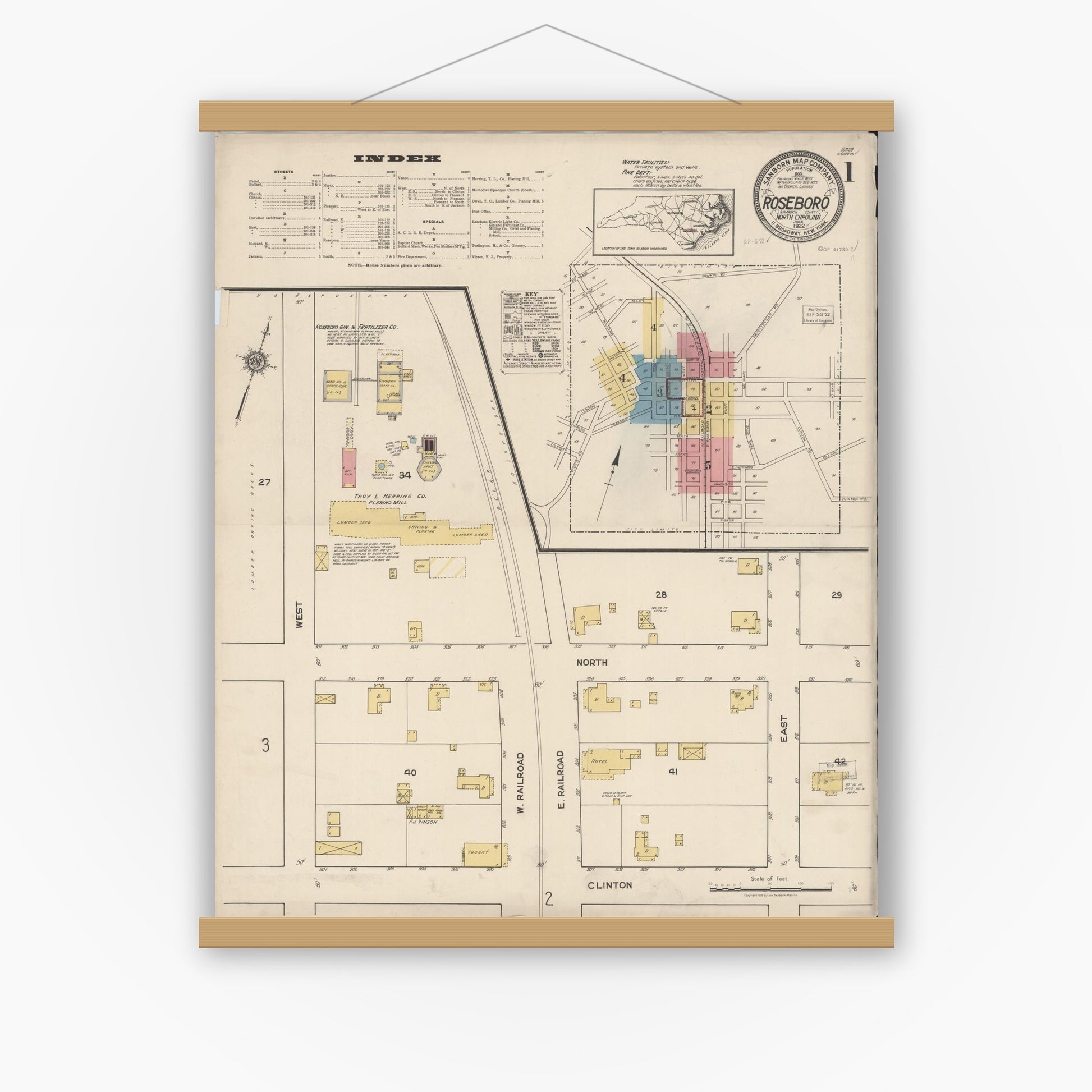 Old map wall art mockup — magnetic wood frame on white wall — Sanborn Fire Insurance Map from Roseboro, Sampson County, North Carolina (1922) - Complete Map Set