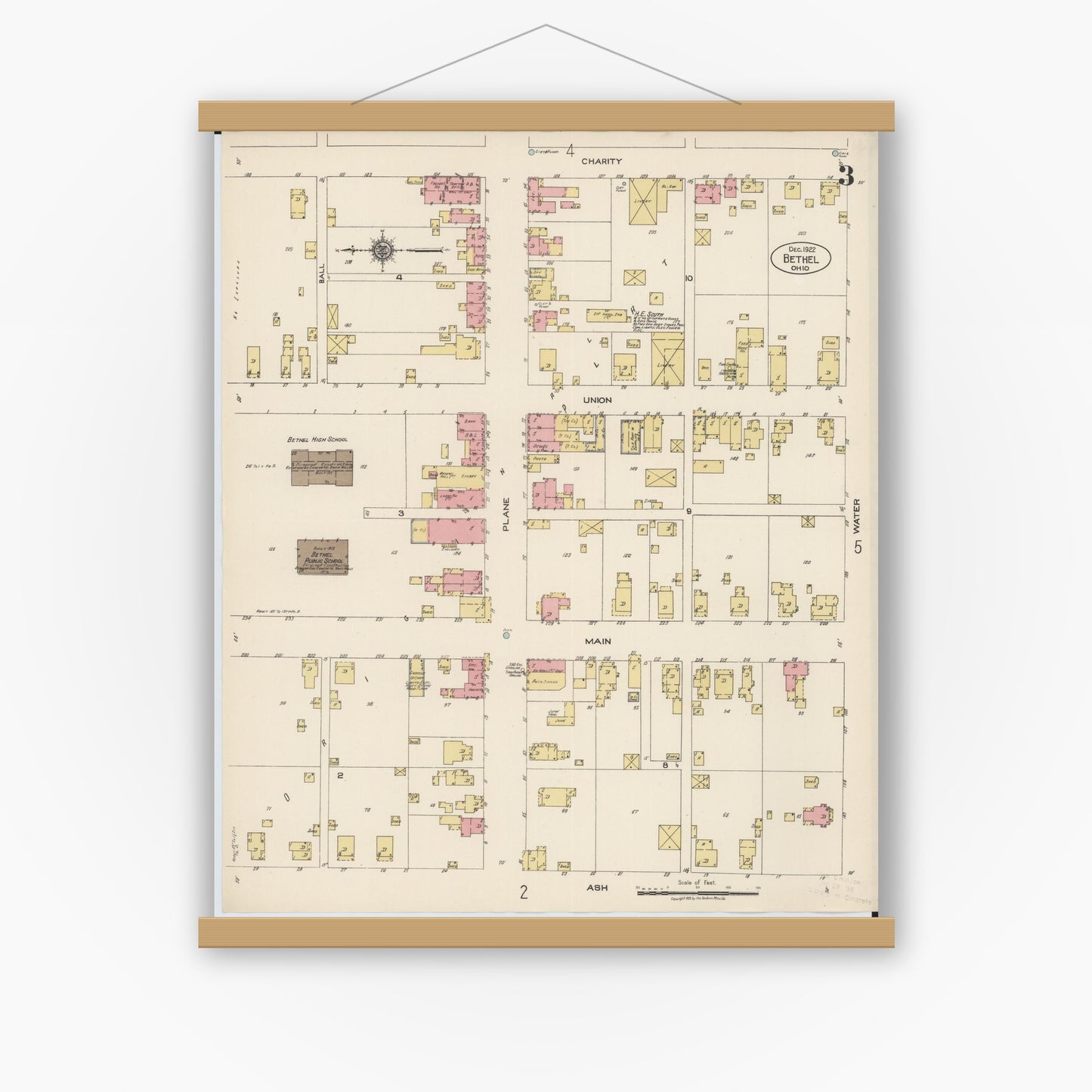 Old map wall art mockup — magnetic wood frame on white wall — Sanborn Fire Insurance Map from Bethel, Clermont County, Ohio (1922), Sheet #0003